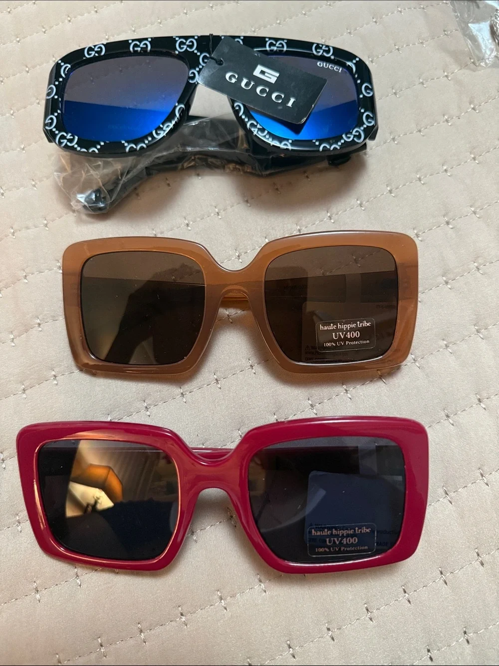 Gucci Black Frame Sunglasses with Blue Lenses. Bundle of sunglasses